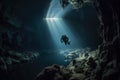 A person diving through a stalactite cave. Generative AI