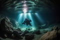 A person diving through a stalactite cave. Generative AI