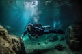 A person diving through a stalactite cave. Generative AI