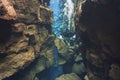 Person diving underwater in Silfra, Iceland