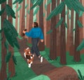 Person and dog walking in forest among trees. Puppy owner going away along footpath with doggy companion. Woman and