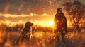 Person and dog watching sunset in field. Golden hour photography with bokeh effect Royalty Free Stock Photo