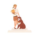 Person and dog winner of pets competition. Owner with gold cup award, goblet trophy and doggy with medals on pedestal Royalty Free Stock Photo