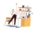 Person doing exercises and stretching body during break after work with computer at desk. Healthy lifestyle, workout at