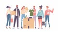 A person donates clothes for charity, humanitarian aid, or exchange. Modern flat illustration of women and men donating