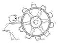 Person Dragging Big Cogwheel, Concept of Problem Solution, Inspiration and Idea, Vector Cartoon Stick Figure