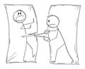 Drawn Person Cutting Another Man Drawn on Paper with Scissors, Vector Cartoon Stick Figure Illustration