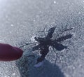 A person draws a snowflake on the frozen glass.