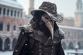 Mysterious Plague Doctor in Snowy Venice Carnival