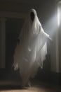 a person dressed in a ghostly white robe is standing in a dark room