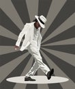 Person dressed in a white suit and hat performs a stylish dance step on a plain gray background. The action captures the energy of Royalty Free Stock Photo