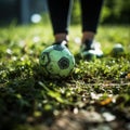 A person dribbles a ball with his feet on a muddy and dirty field by running over obstacles