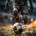 A person dribbles a ball with his feet on a muddy and dirty field by running over obstacles