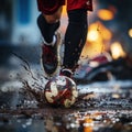 A person dribbles a ball with his feet on a muddy and dirty field by running over obstacles
