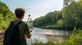 person drinking water, person with bottle of water, person drinking water, person in the nature