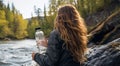 person drinking water, person with bottle of water, person drinking water, person in the nature