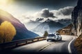 person, driving electric car on curvy mountain road, with scenic view in the background