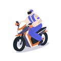 Person driving electric motorcycle, eco-friendly bike. Driver in safety helmet, riding ecological e-vehicle. Biker on Royalty Free Stock Photo