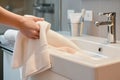 person drying hands with towel on rail next to sink Royalty Free Stock Photo