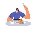 Person eating food, dish. Man having breakfast, meal. Gourmet character at lunch, sitting at table with tea cup, crepes