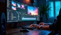Person edits video on computer. Tech person works on media project. Focused on screen. Using software. Modern workstation.