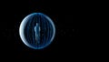 Futuristic digital sphere encasing a person in a dark futuristic environment Royalty Free Stock Photo