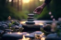 Person engaged in a mindful activity such as balancing stones, arranging flowers, or practicing tai chi, symbolizing harmony and