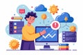A person engages with cloud computing tools while analyzing data in a modern office setup, solving problems with cloud computer Royalty Free Stock Photo