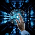A Person Engages with a Futuristic Digital Screen, Unveiling the Complex Network of Symbols, Circuits, and Data Visualizations