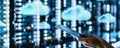 Person engaging with advanced digital cloud interface in high-tech environment.