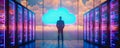 Person engaging with advanced digital cloud interface in high-tech environment.