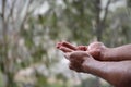 A person enjoying the first rain by collecting rains in his palms