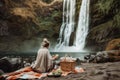 person, enjoying picnic in front of scenic waterfall with basket and blanket