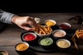 person, enjoying plate of fries with variety of dipping sauces