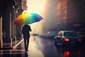 person, enjoying the sun and rain with rainbow umbrella, on busy city street