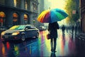 person, enjoying the sun and rain with rainbow umbrella, on busy city street