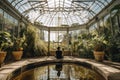 person, enjoying the tranquility of greenhouse, with fountain and peaceful music in the background