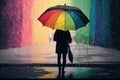 person, enjoying walk in the rain, with colorful rainbow umbrella overhead