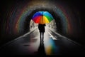 person, enjoying walk in the rain, with colorful rainbow umbrella overhead