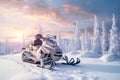 A person enjoys the thrill of riding a snowmobile through snowy landscapes during a winter wilderness adventure, The snowmobile on