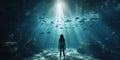 Person entering a fantastical underwater summer world, where mermaids and aquatic creatures celebrate the season beneath