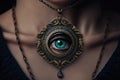 person, with evil eye necklace and bracelet, looking out of the frame