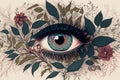 person, with evil eye surrounded by delicate floral designs