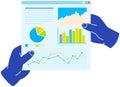 Person examines diagram, analyses business data. Statistical chart explration for web research