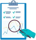 Person examines scheme under magnifier. Hand with loupe magnifying chart, digital structure