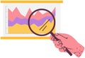 Person examines scheme under magnifier. Hand with loupe magnifying chart, digital structure