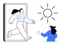 Person Exiting Through a Digital Portal with Another Person Pointing at the Sun Royalty Free Stock Photo