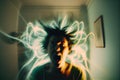 person, experiencing nightmarish hallucinations, with visual effects and blurred images