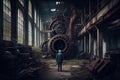 person, exploring abandoned factory with broken machinery and rusty equipment