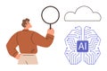 Person Exploring Artificial Intelligence and Cloud Technology with a Magnifying Glass Royalty Free Stock Photo